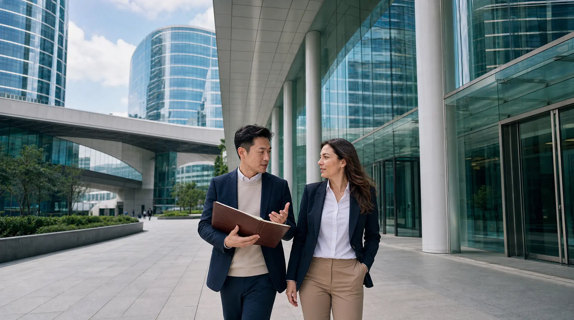 Two business professionals in suits walk outside a glass office complex while reviewing a folder, aligning on entity compliance priorities.