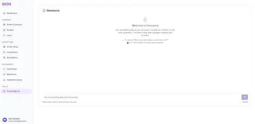 A web dashboard interface with a left sidebar of navigation items and a central panel showing a "Welcome" message and several lines of descriptive text on a mostly white background.
