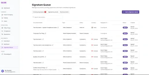 Screenshot of a software dashboard titled "Signature Queue," with a left navigation sidebar and a central list of entries showing fields like date, company, and status, plus "Auto Signature Device" buttons on the right.