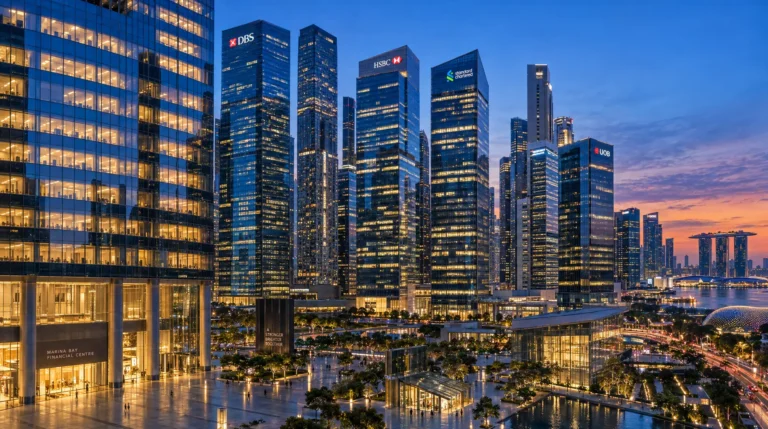 Illuminated skyscrapers, including Marina Bay Financial Centre, DBS, HSBC, Standard Chartered, and UOB, rise over Singapore's waterfront at dusk.