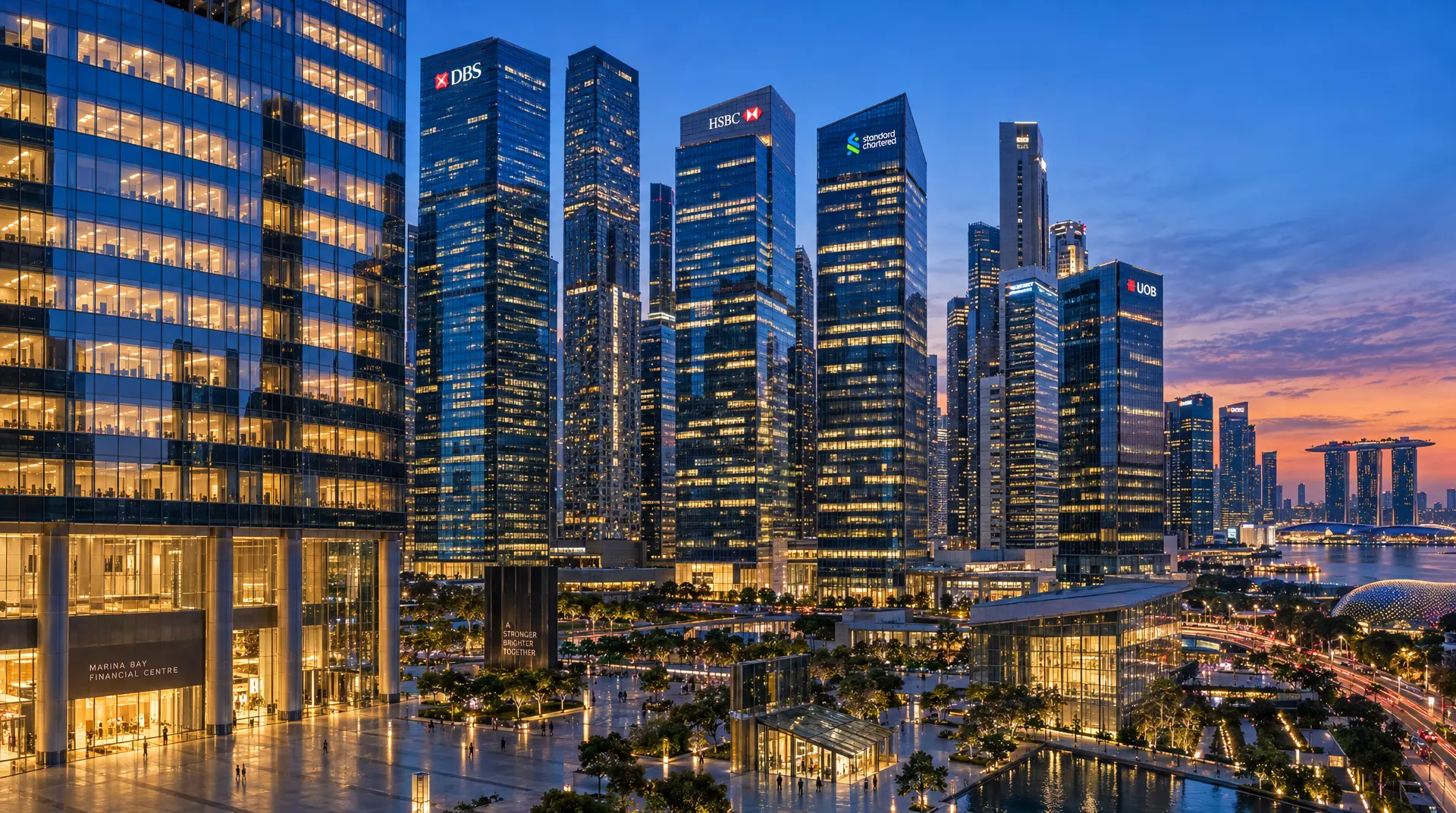 Illuminated skyscrapers, including Marina Bay Financial Centre, DBS, HSBC, Standard Chartered, and UOB, rise over Singapore's waterfront at dusk.