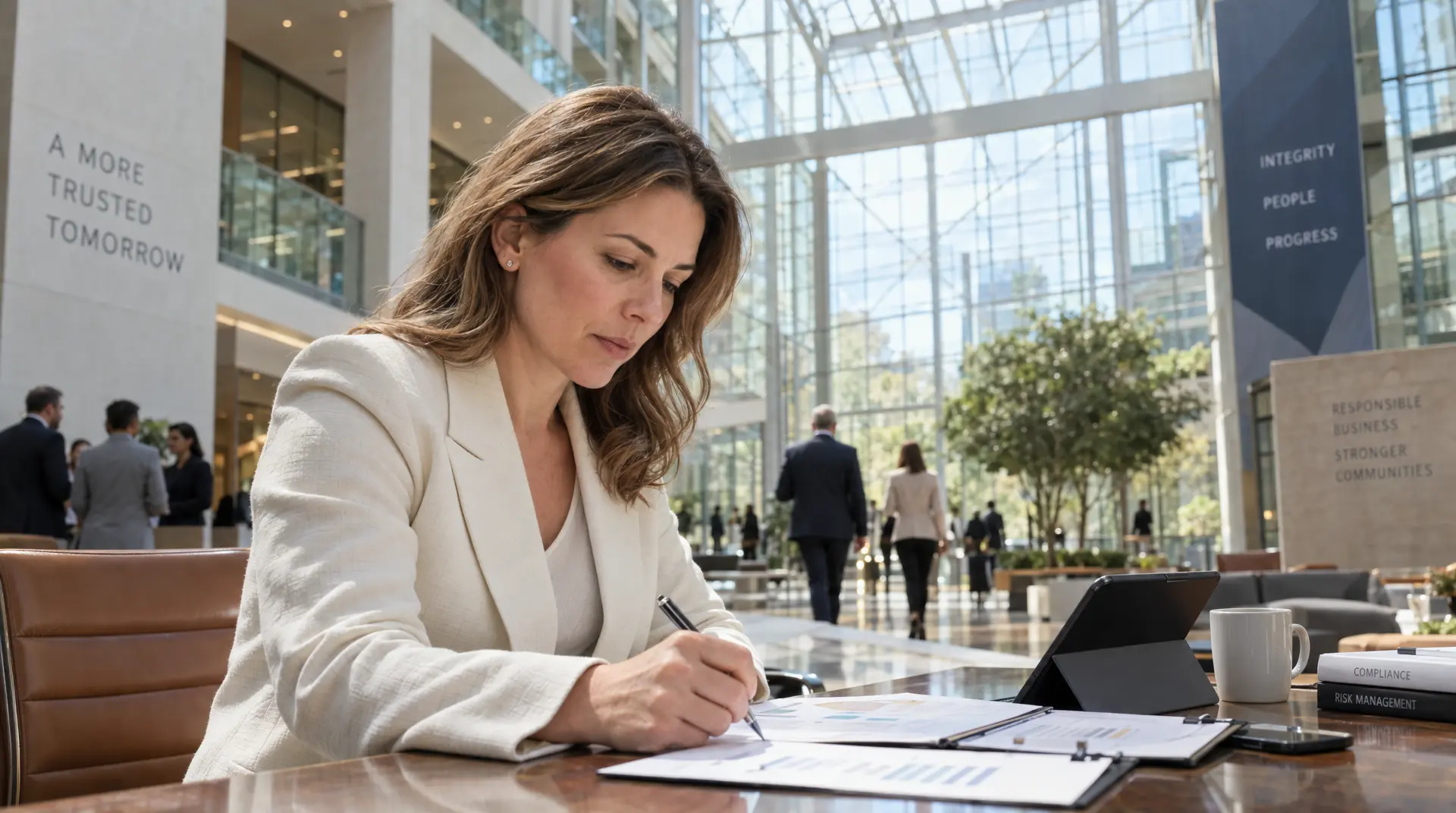 A business professional signs documents in a glass boardroom, reflecting corporate compliance powered by compliance ai.