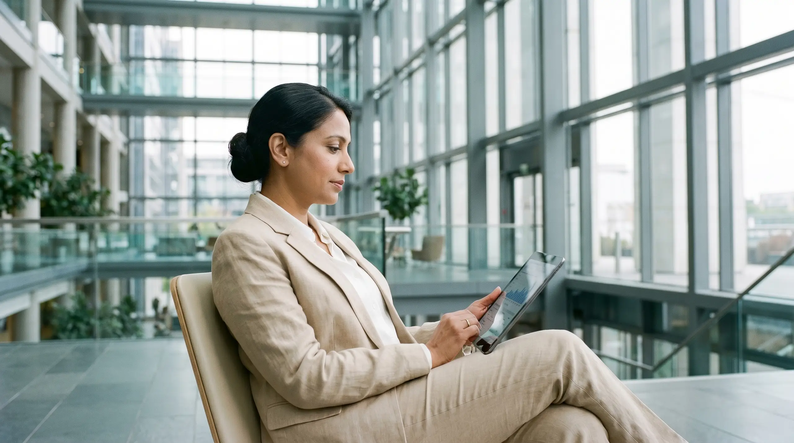 A woman in a beige suit sits in a chair on an office balcony, looking to the side while holding a tablet with a blue chart on the screen. Large glass-and-steel windows and an open atrium fill the background.
