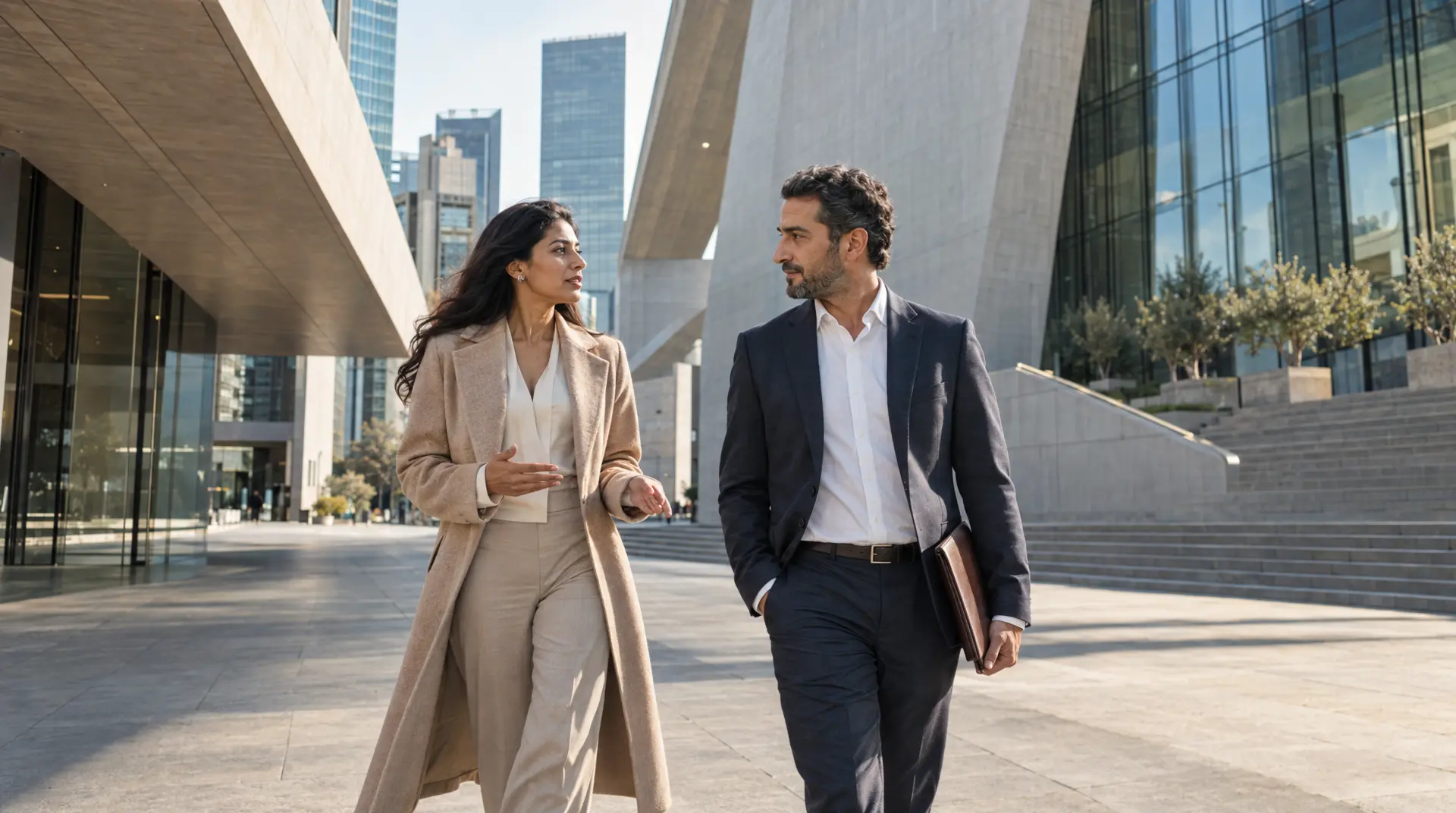 Two professionals stride through a modern downtown district, discussing corporate governance while carrying business folders.