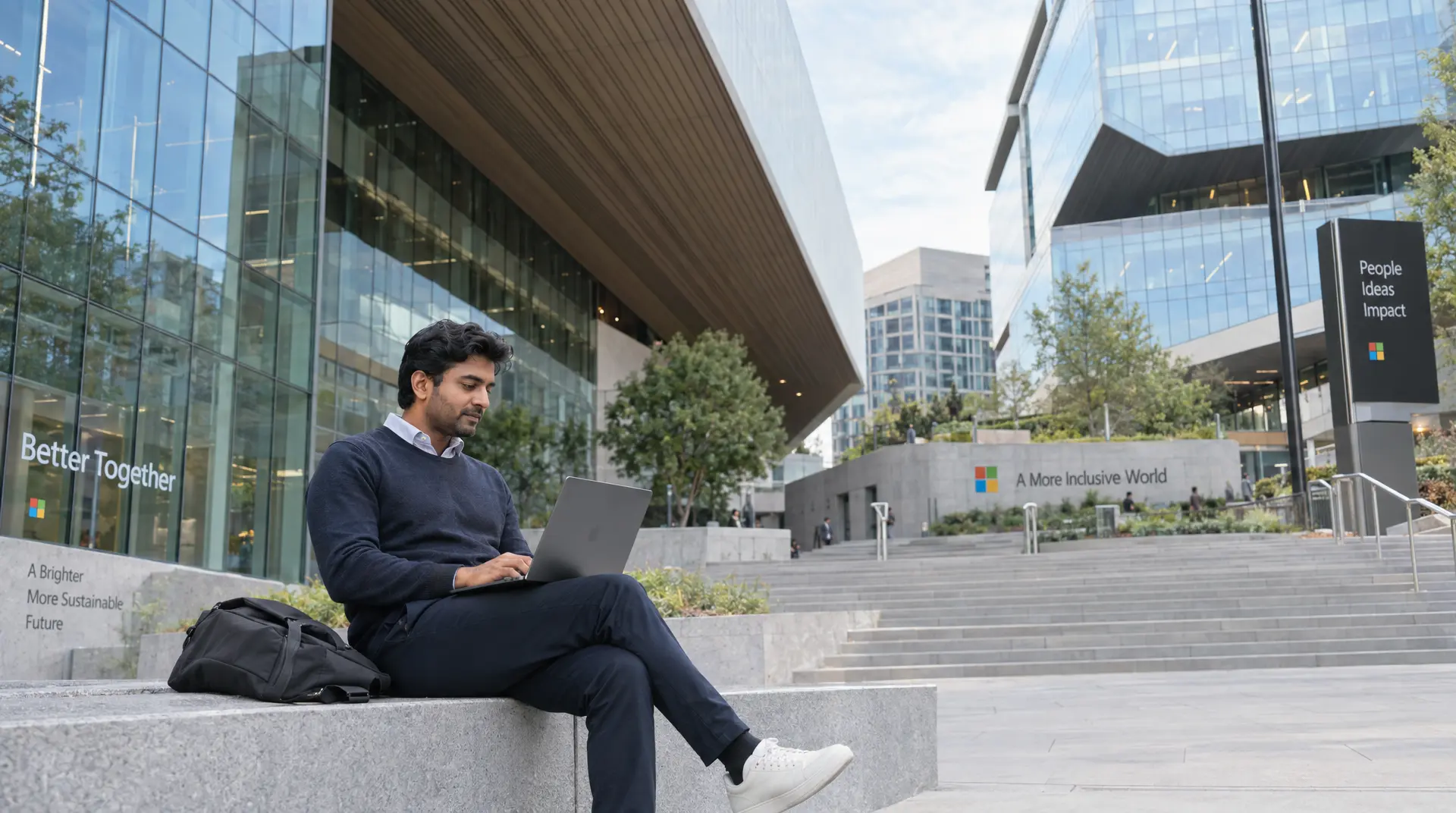 A man sits on outdoor office steps using a laptop in a business district, reflecting compliance ai themes on nearby signage.