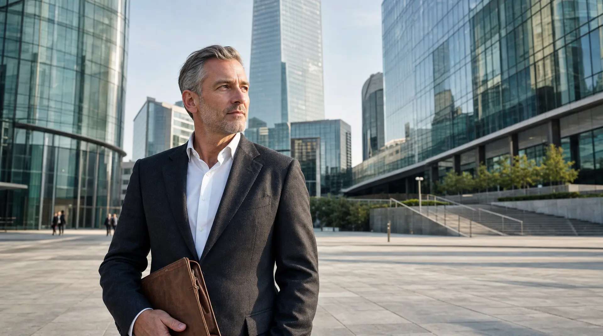 Business professional in a suit holding a leather briefcase on a downtown plaza, aligned with an ai corporate compliance assistant workflow.