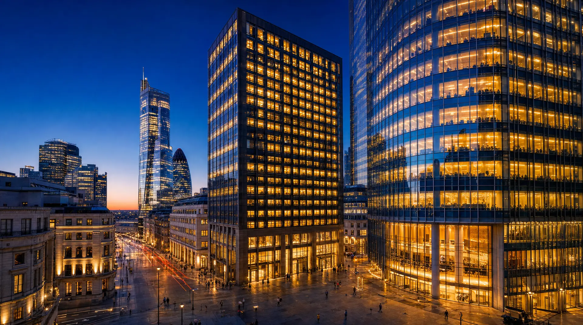 Tall office skyscrapers glow at dusk over a busy city street, suggesting corporate governance workflows in action.