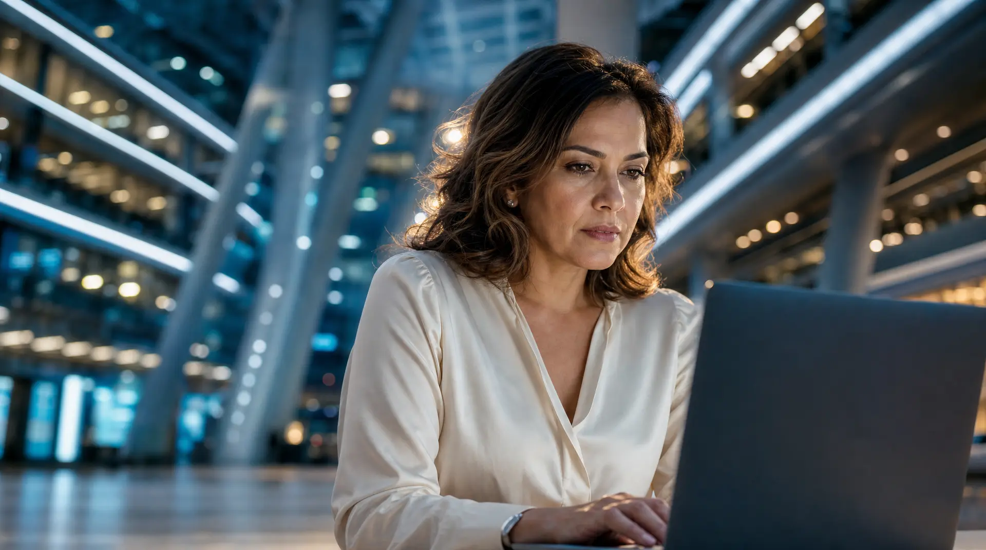 Professional in a modern atrium reviews corporate compliance workflows on a laptop, focused and attentive.