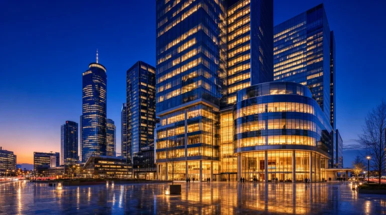 Downtown skyline at dusk with illuminated office towers and reflections on a wet plaza, highlighting corporate compliance readiness.