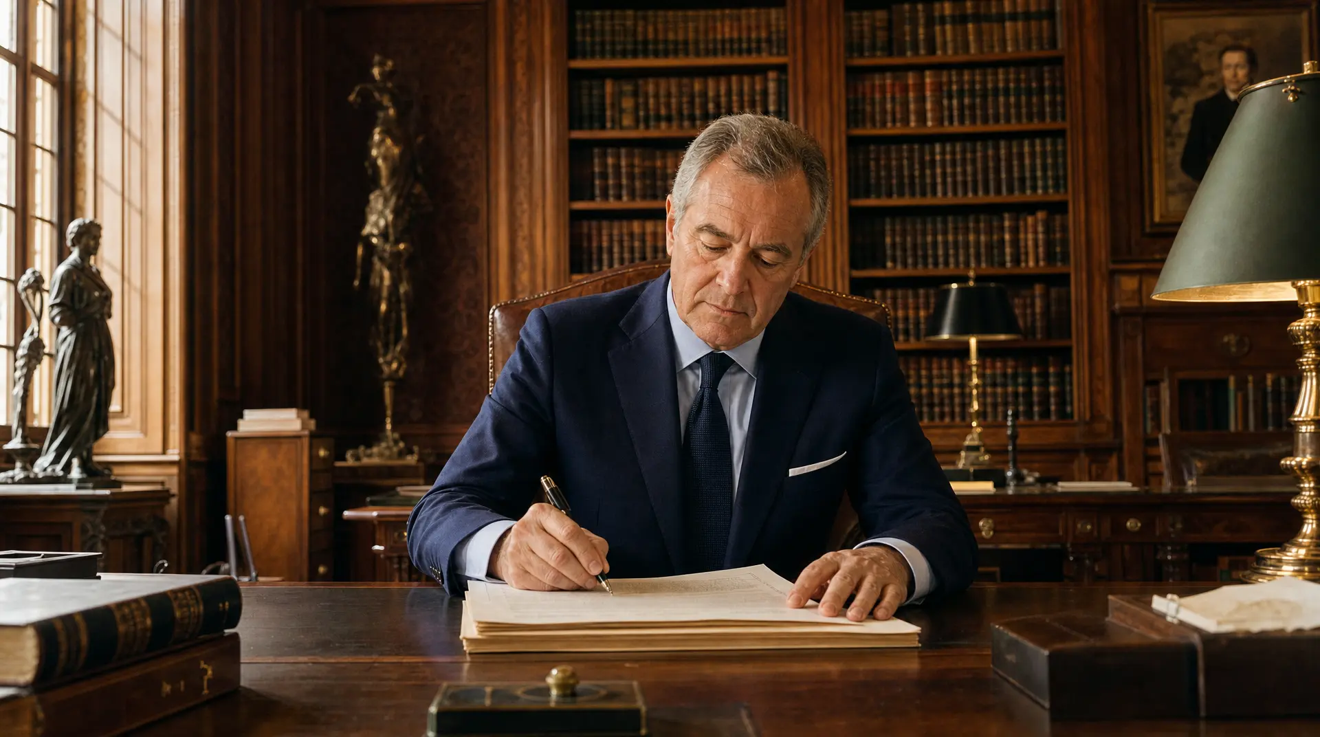 An executive in a dark suit signs legal documents at a desk in a library-like office, underscoring corporate compliance.