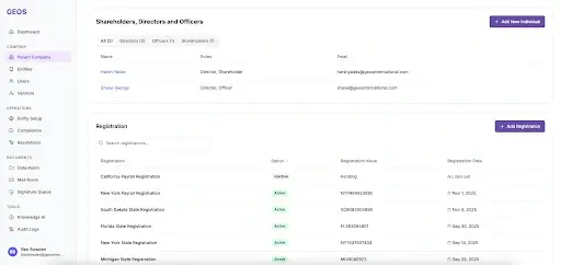 A computer screen shows a web dashboard with a left sidebar and a main section listing company information and registration details. The table includes fields such as shareholder/director names, addresses, and registration dates, with an "Add registration" button near the top right.