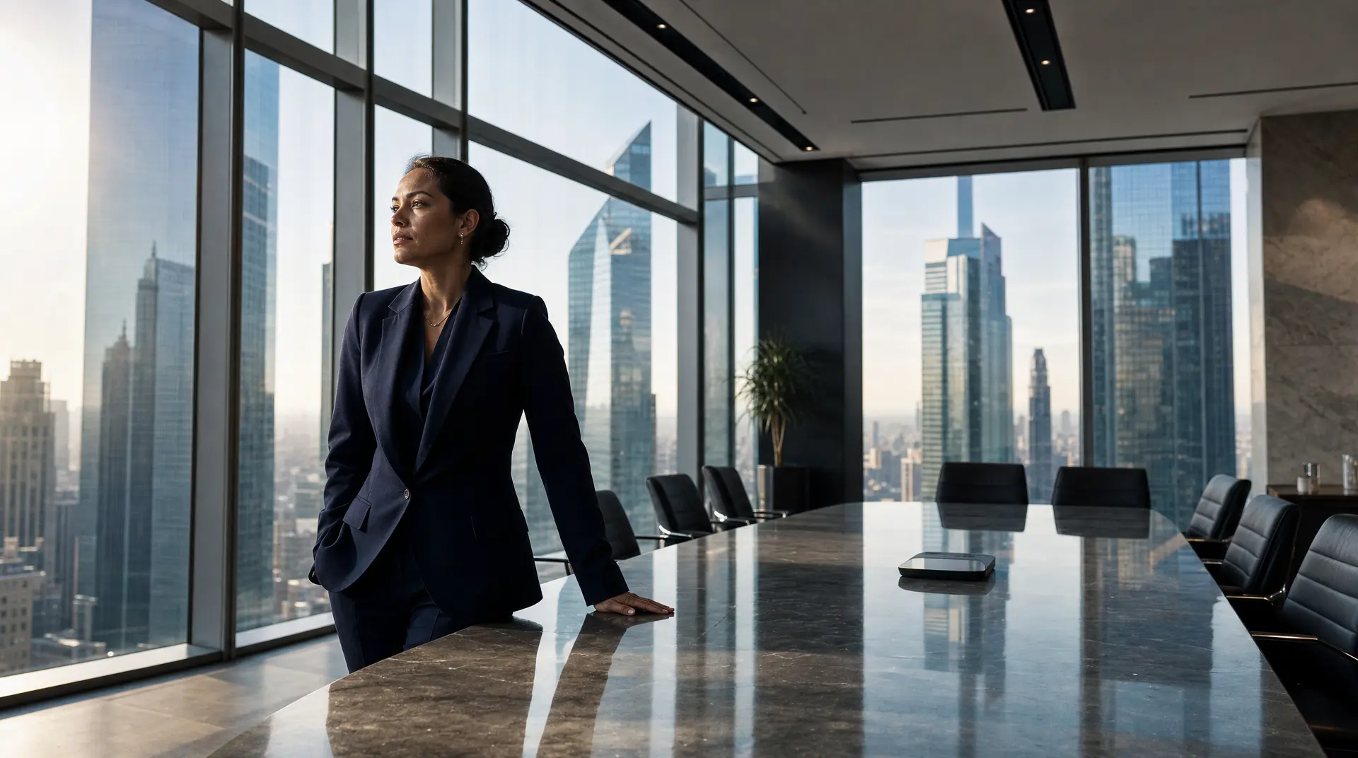 Executive woman in a dark blazer stands by a glass conference table, overlooking a city skyline, supporting corporate compliance planning.