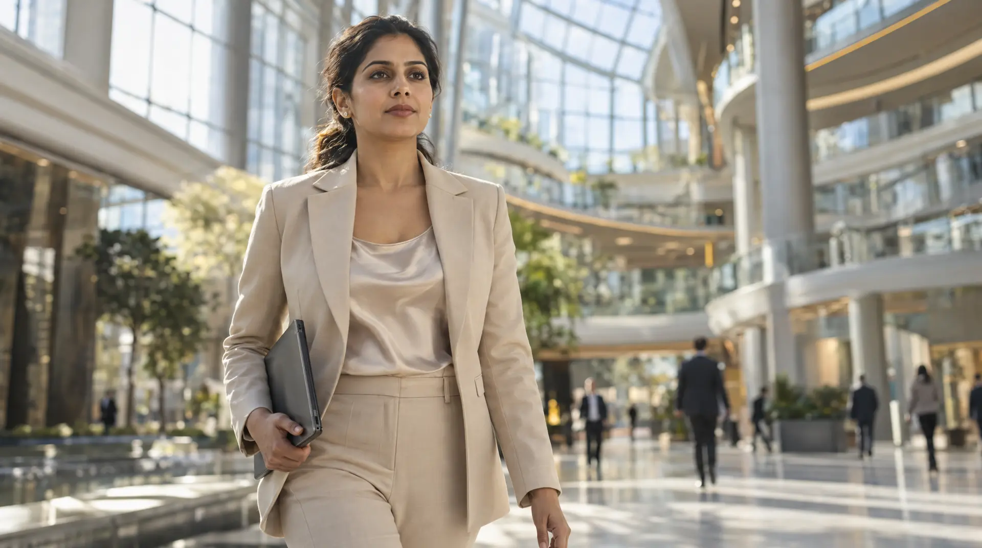 A woman in a beige suit walks through a glass-roofed atrium, holding a closed laptop at her side.