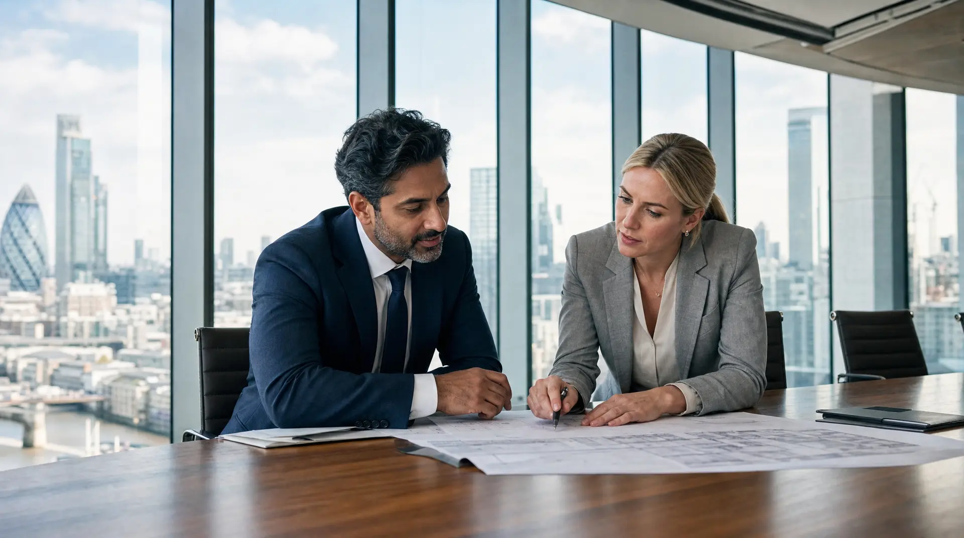 Two business professionals review documents at a modern office table, aligning corporate governance with an AI corporate compliance assistant workflow.
