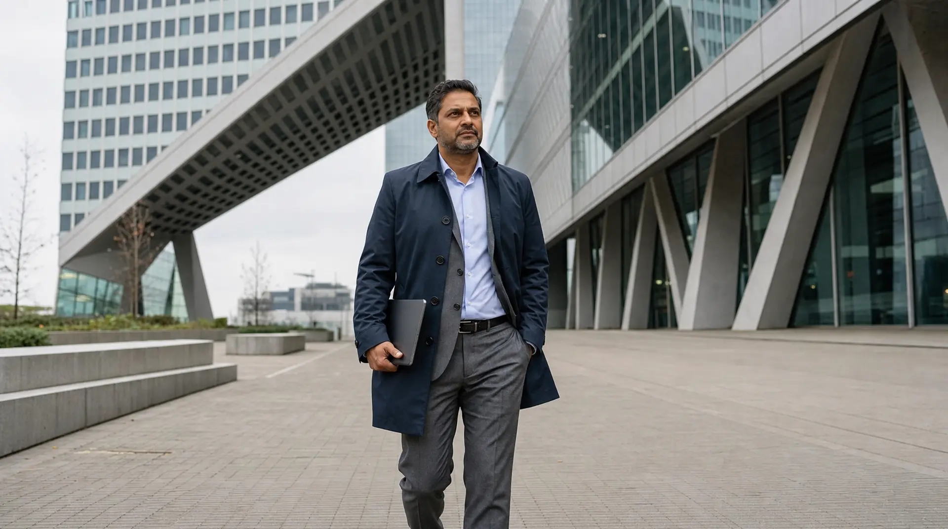 Professional man in a dark coat walking on a modern business campus holding a laptop, reflecting corporate compliance priorities.