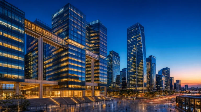 Twilight view of modern office skyscrapers with illuminated windows and reflections on a wet plaza, symbolizing corporate compliance planning for global operations.