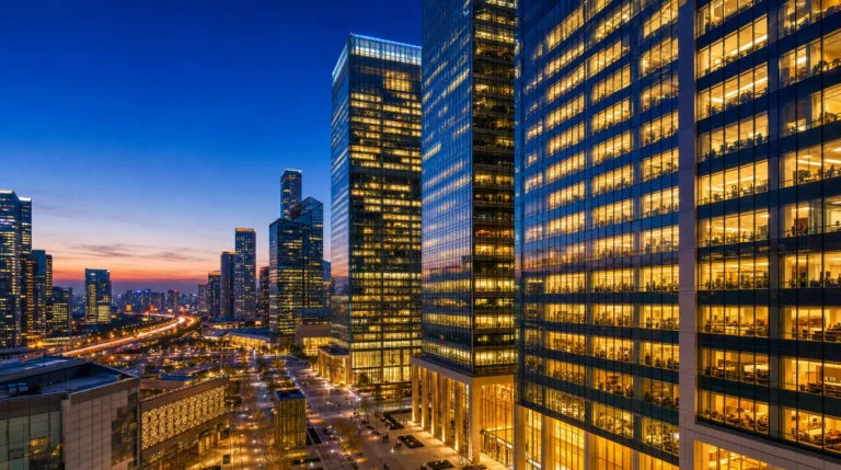 Skyscrapers with illuminated office windows at dusk, symbolizing corporate compliance and entity management across global teams.