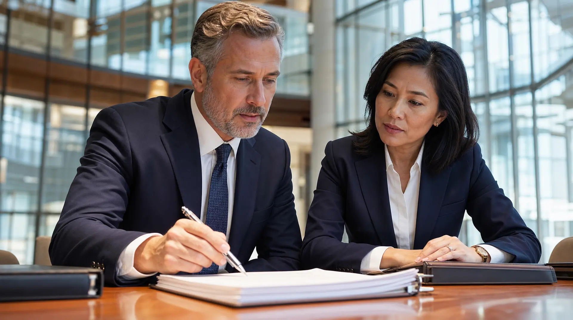 Two corporate executives review paperwork in a glass office, signing steps for corporate compliance and corporate resolutions.