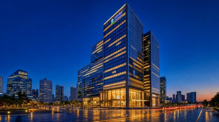 Evening view of a modern office tower with the "Standard Chartered" logo above the entrance, representing corporate banking operations.