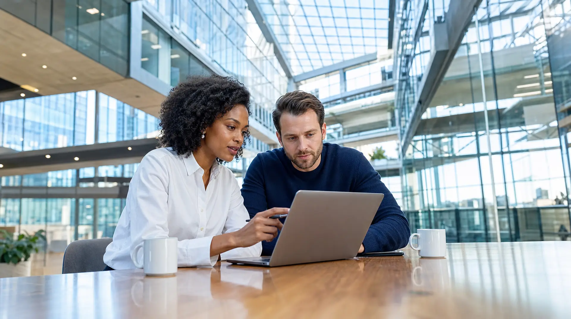 Two colleagues review a laptop in a glass office, aligning corporate compliance and compliance AI workflows.
