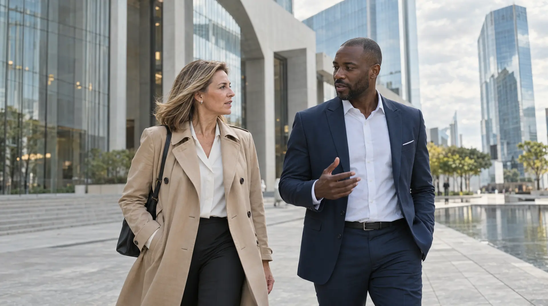 A woman in a beige coat and a man in a navy suit walk together beside modern office buildings, talking.