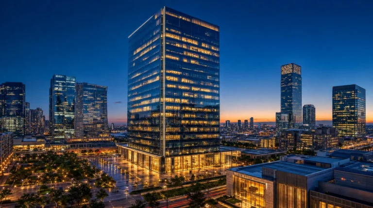 Glass office towers glow at dusk over wet streets and traffic lights, evoking corporate compliance readiness for international growth.