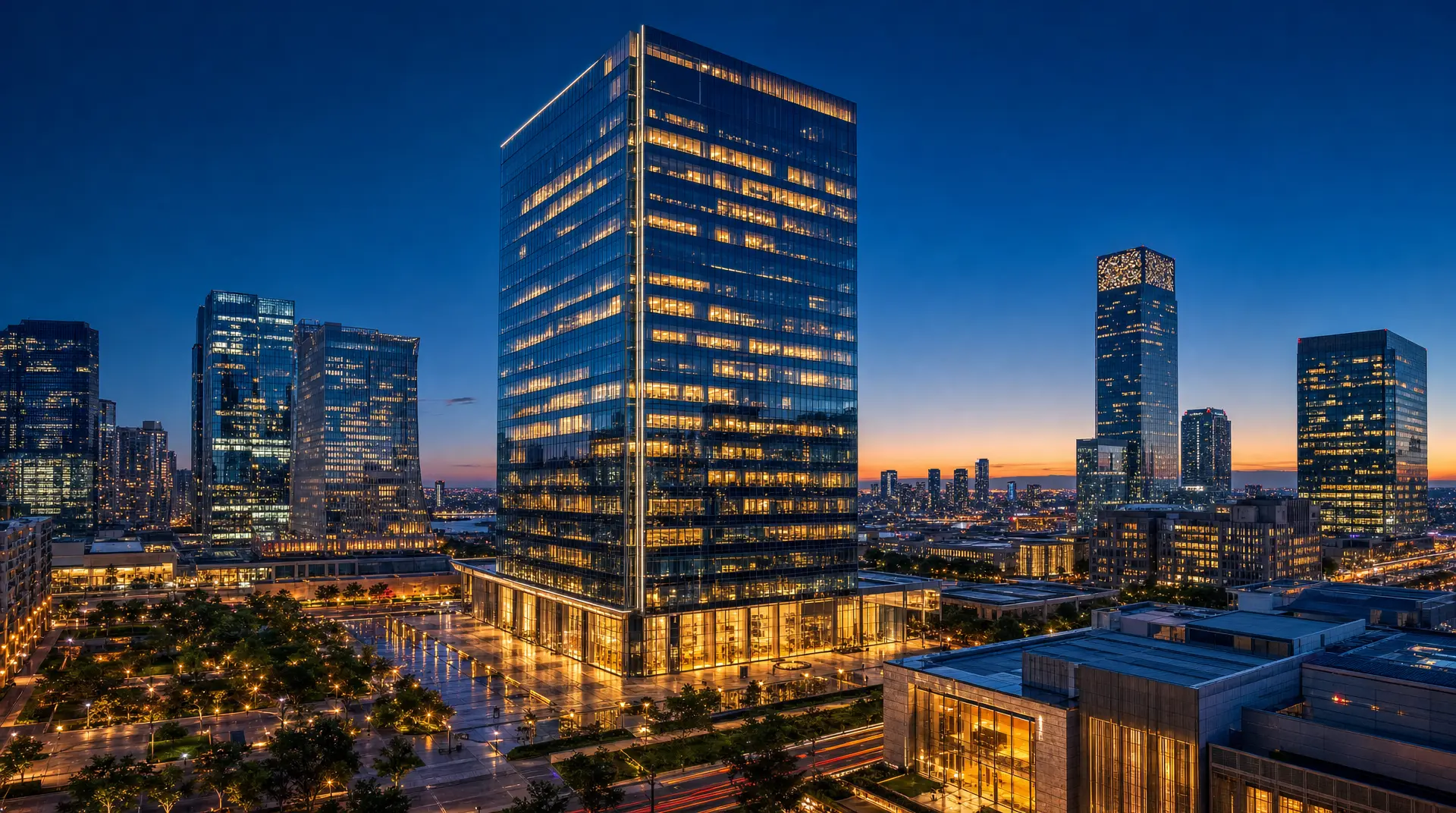 Glass office towers glow at dusk over wet streets and traffic lights, evoking corporate compliance readiness for international growth.