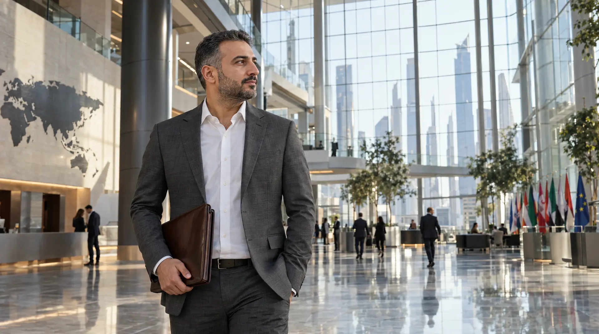 A man in a gray suit holds a leather portfolio in a glass office lobby with a world map and rows of flags.