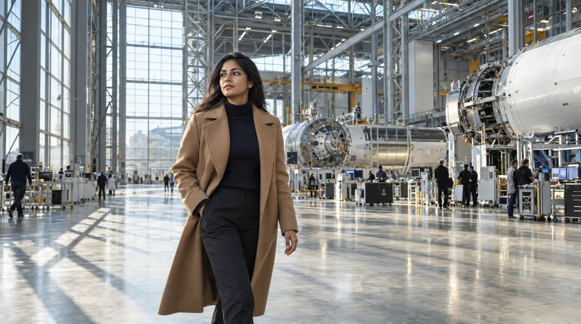 A businesswoman in a camel coat walks through a bright industrial facility with large machinery in the background, reflecting corporate compliance readiness.