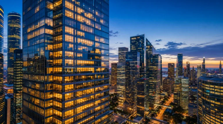 Dusk skyline of glass office towers with lights glowing in the windows, reflecting global expansion and corporate governance needs.