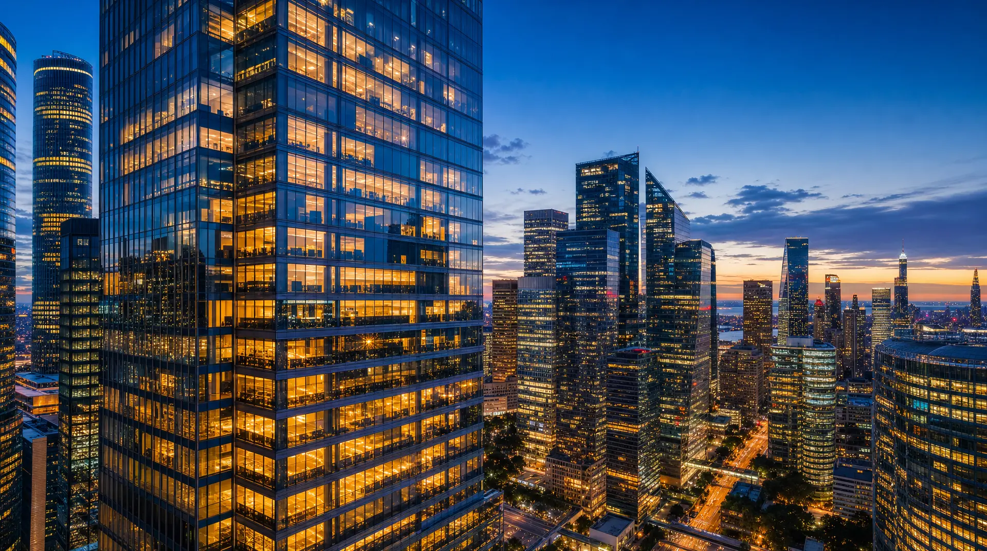 Dusk skyline of glass office towers with lights glowing in the windows, reflecting global expansion and corporate governance needs.