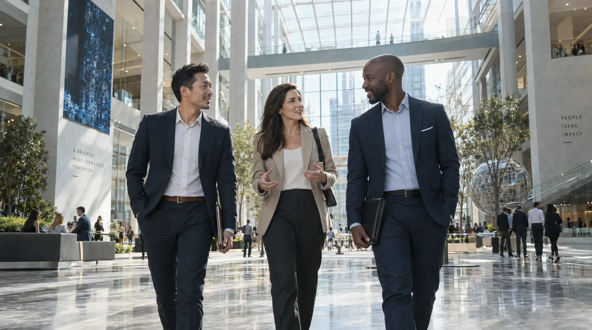 Three businesspeople in suits walk together through a bright, glass-roofed atrium, talking and carrying folders.
