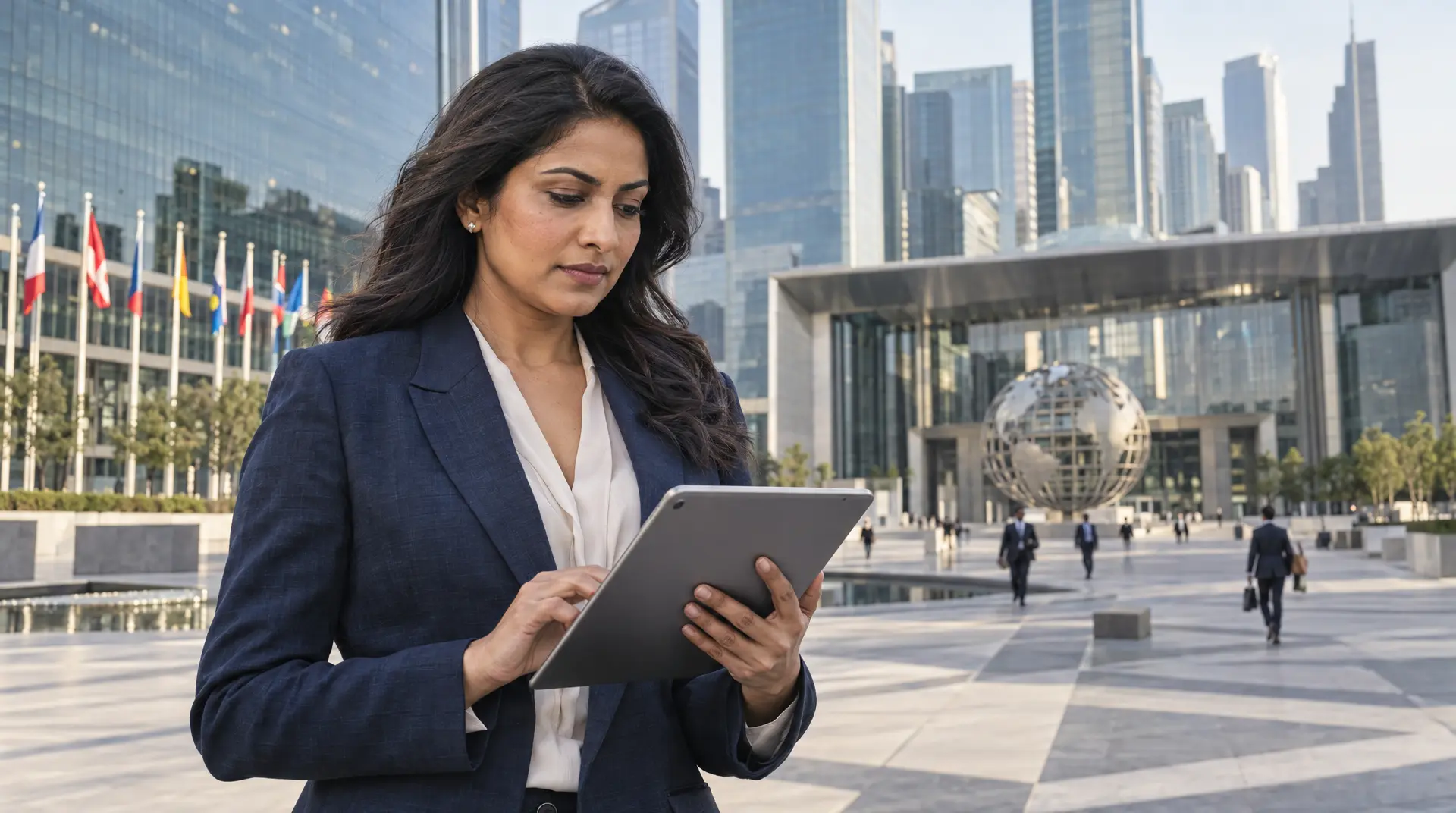 A woman in a navy suit uses a tablet in a plaza surrounded by glass skyscrapers, flags, and a globe sculpture.