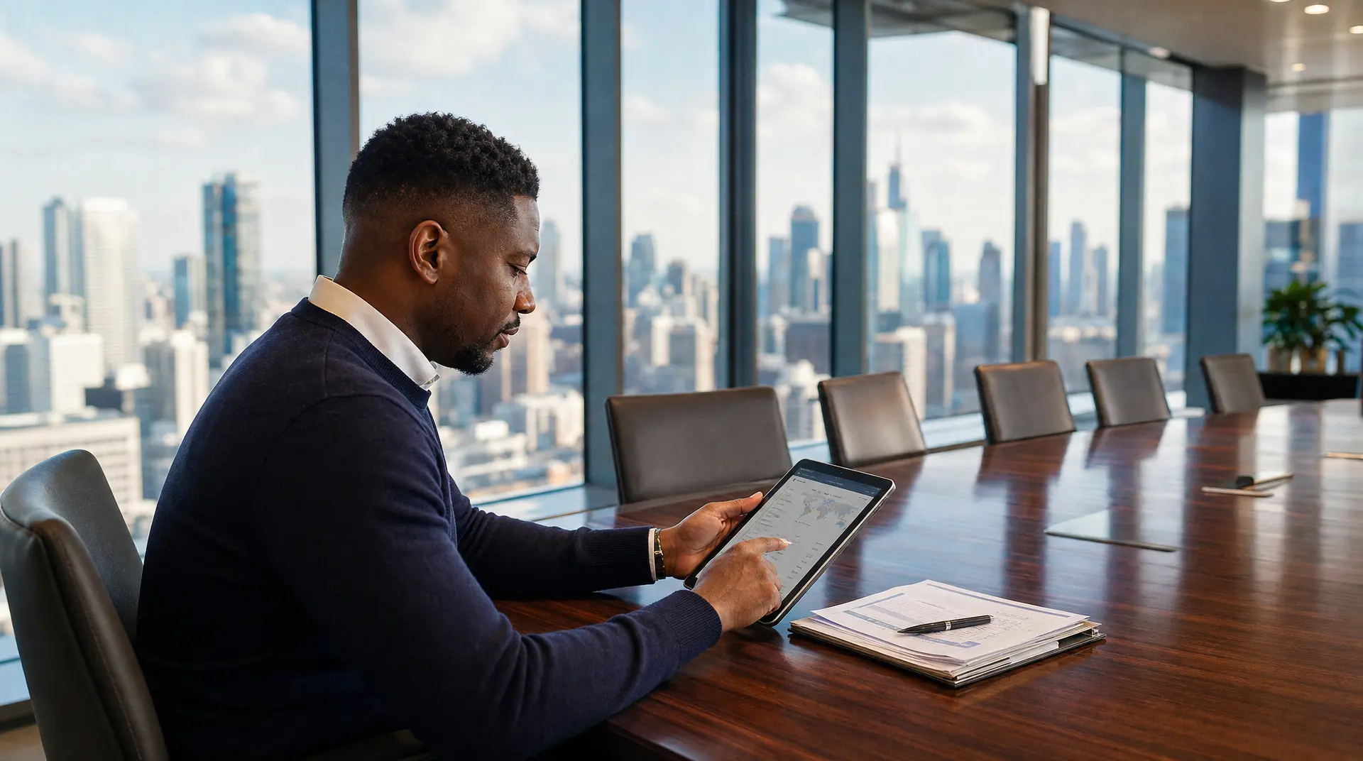 Business professional reviews compliance tracking dashboards on a tablet at a glass boardroom overlooking a modern skyline.