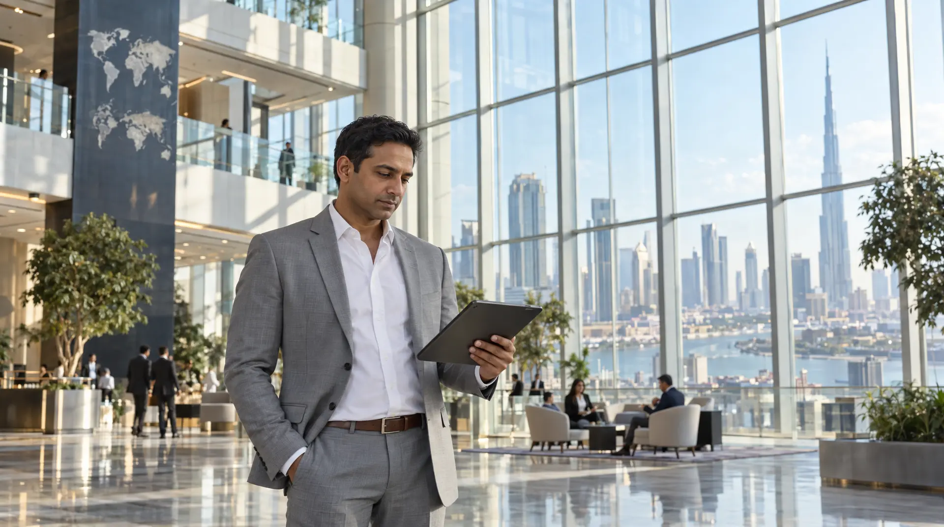 A man in a gray suit looks at a tablet in a bright office lobby, with Dubai's skyline visible through the windows.