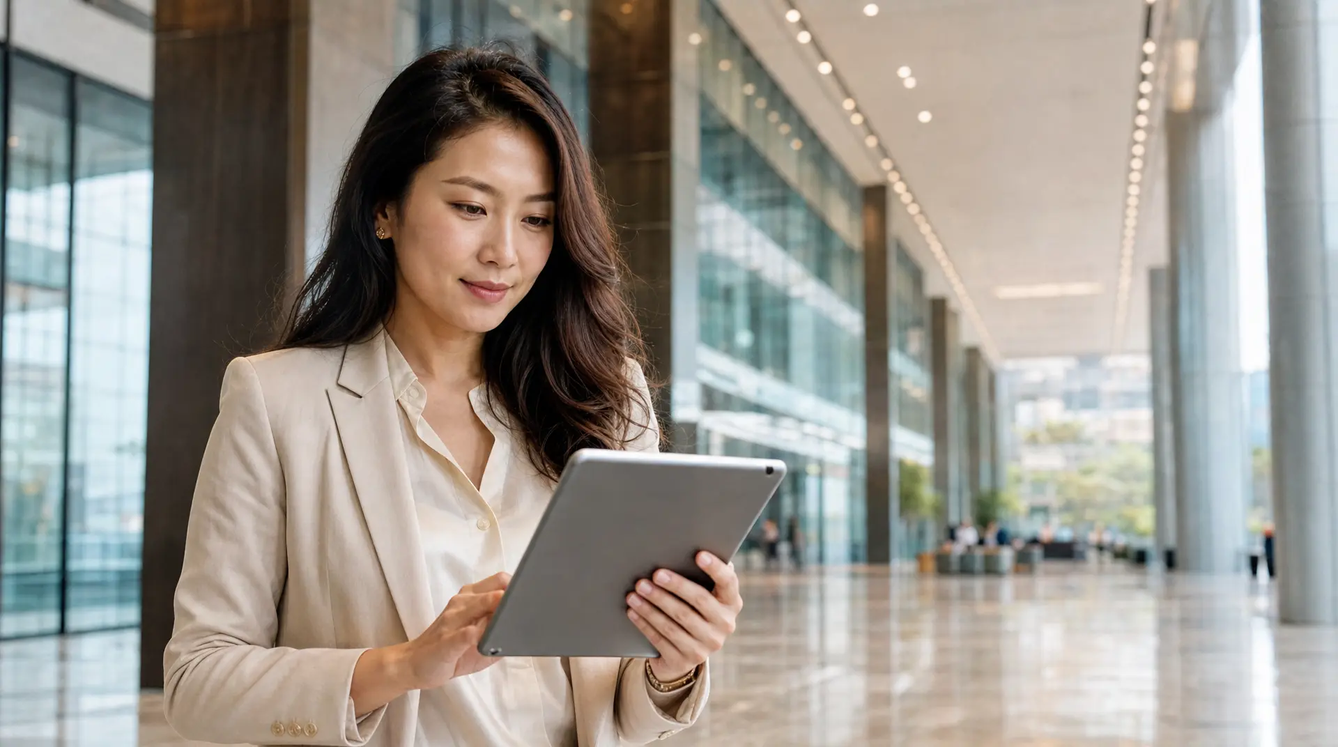 Professional woman holds a tablet in a bright office corridor, reviewing corporate compliance workflows.