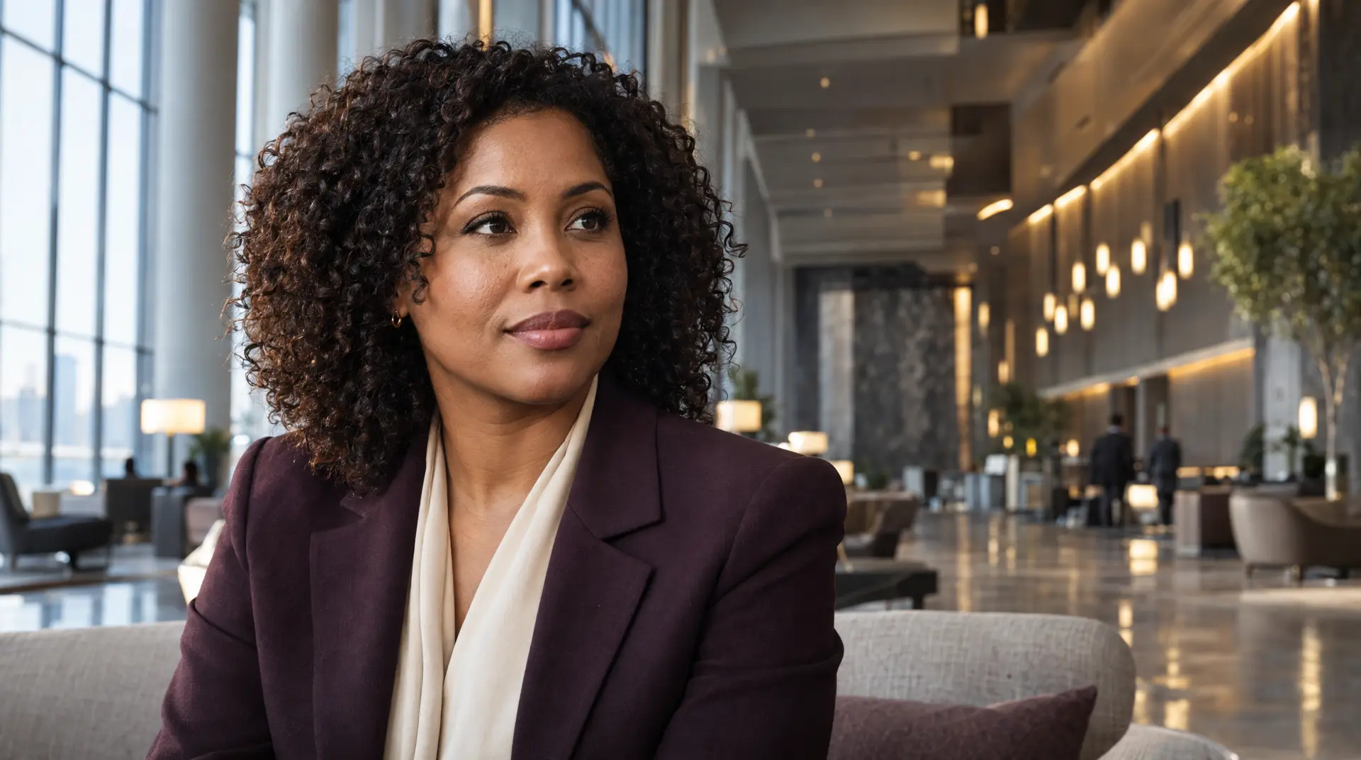 Professional woman seated in a modern office lobby, aligning ai corporate compliance assistant workflows with corporate governance.