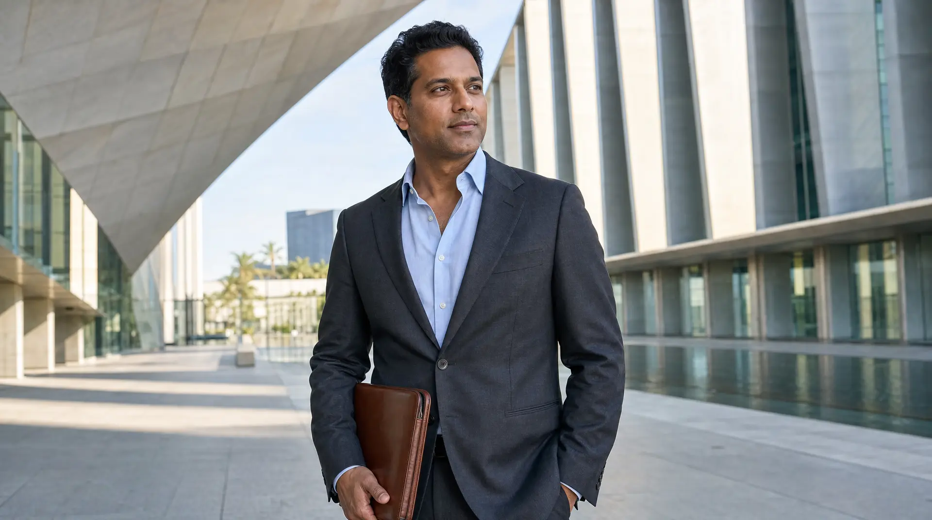 Professional in a navy suit holding a leather briefcase walks through modern glass office buildings, embodying corporate compliance.