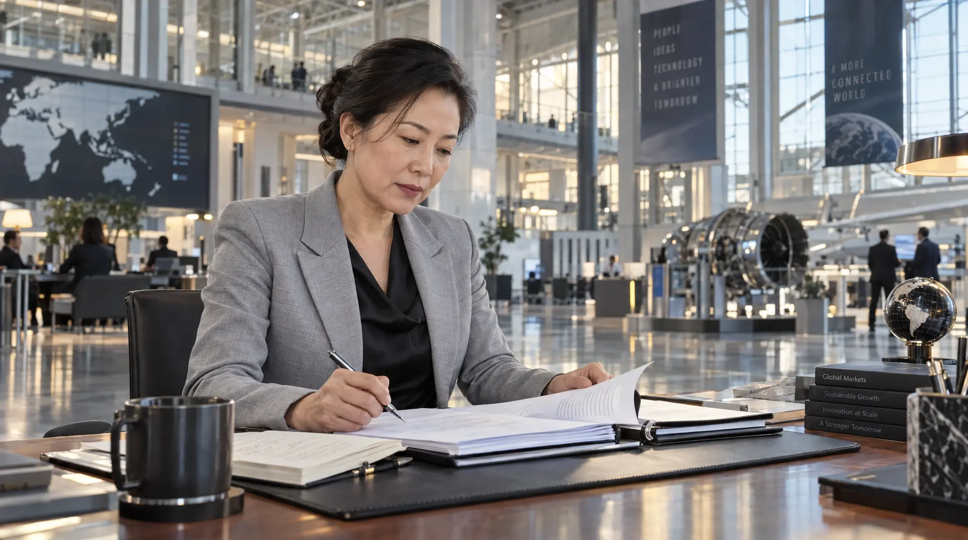 A woman in a gray blazer writes on paperwork at a desk in a bright, modern office lobby.