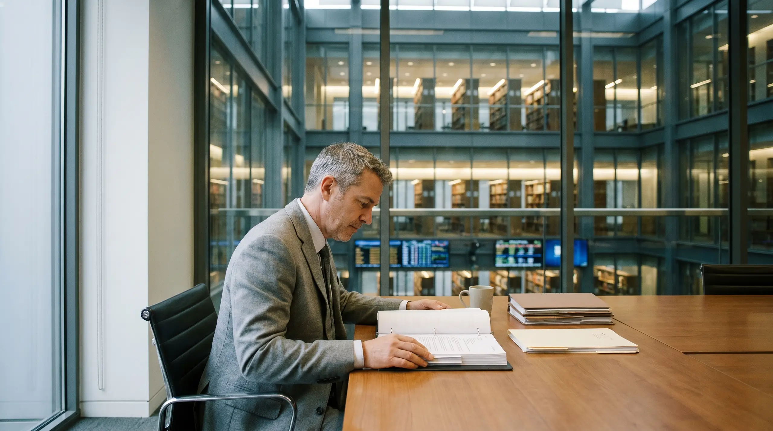 A middle-aged man in a gray suit sits at a wooden conference table reading documents. A white coffee mug and stacks of papers are beside him, while glass office walls and blurred screens fill the background.