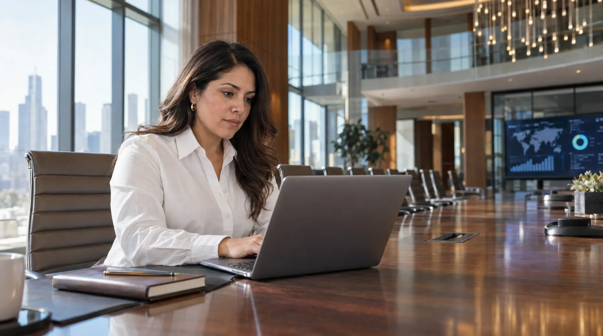 A woman in a white shirt types on a laptop at a long conference table beside a book and pen.