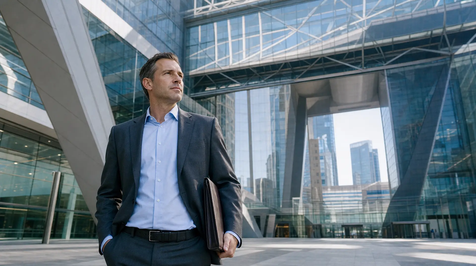 Businessman holding a briefcase walks through a glass atrium, aligned with corporate governance and global market entry planning.