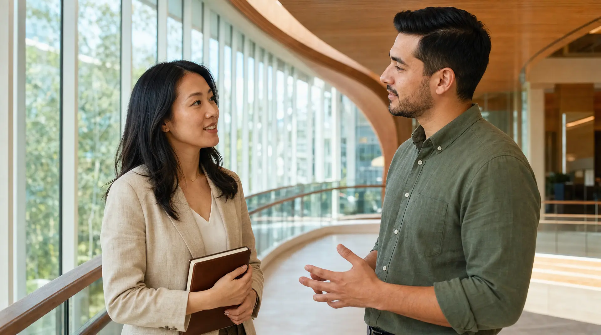 Two professionals stand in a modern office atrium, one holding a notebook while the other gestures mid-conversation, supporting corporate compliance discussions.