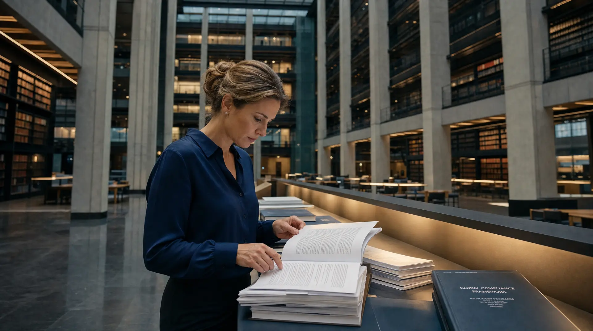 Business professional reviews stacks of documents labeled Global Compliance Framework in a modern office, supporting annual filings for corporate compliance.