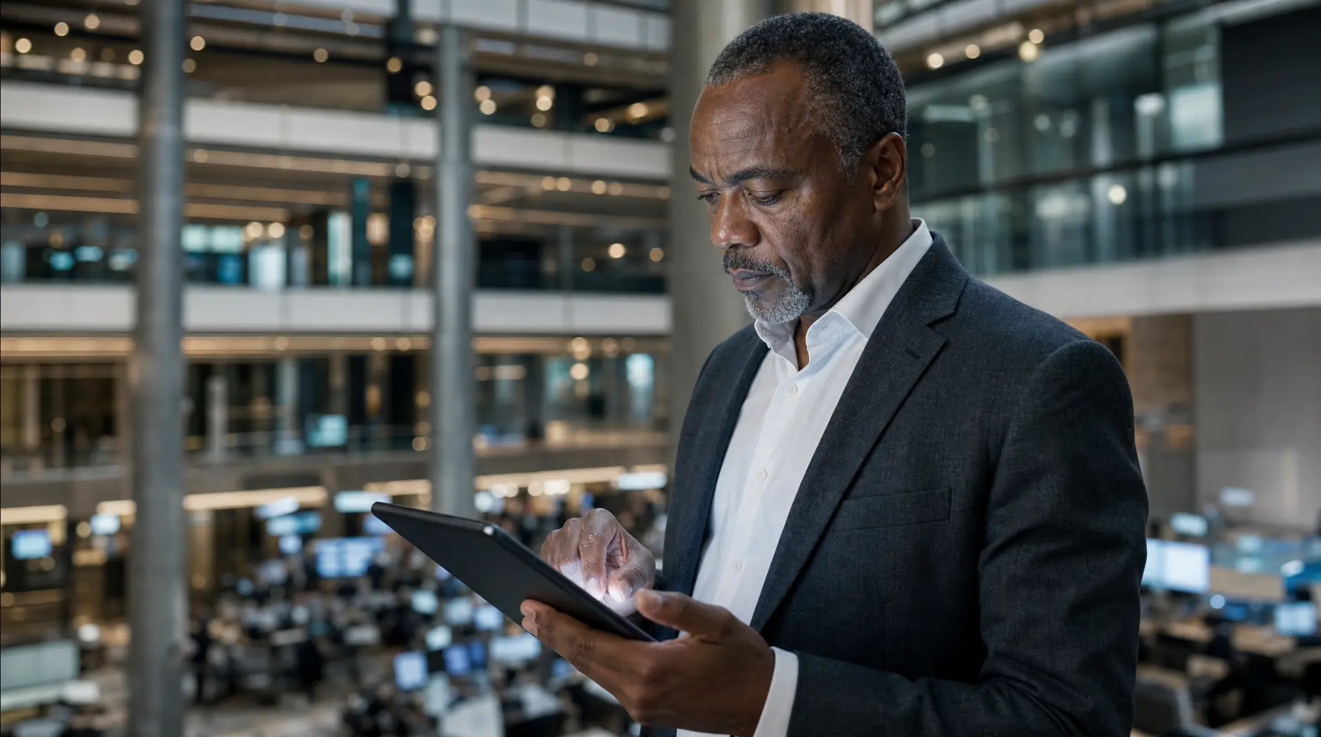 Business professional reviewing a tablet in a modern office setting while focusing on corporate compliance.