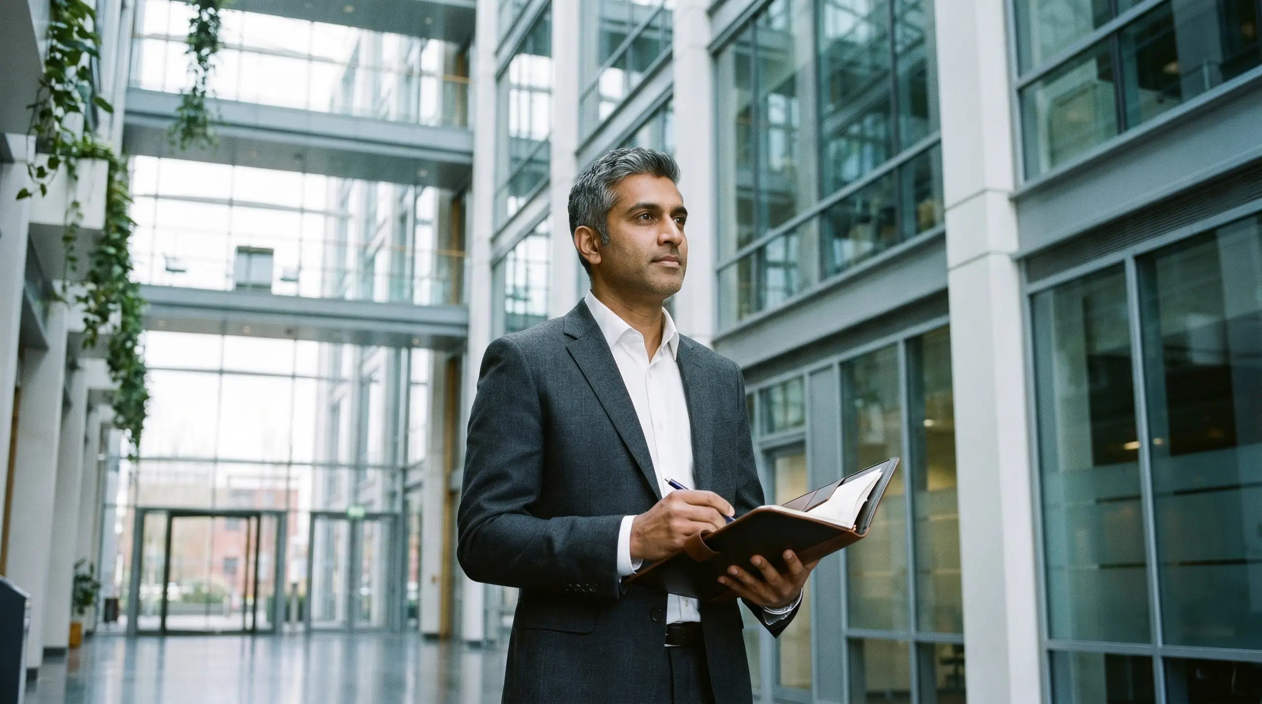 A man in a dark suit stands in a modern office building lobby, holding an open notebook and a pen. Glass walls and windows with green plants fill the background.