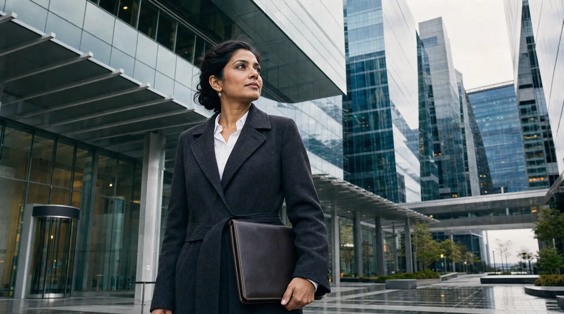 Business professional in a dark blazer holding a briefcase outside glass office towers, projecting corporate governance confidence.