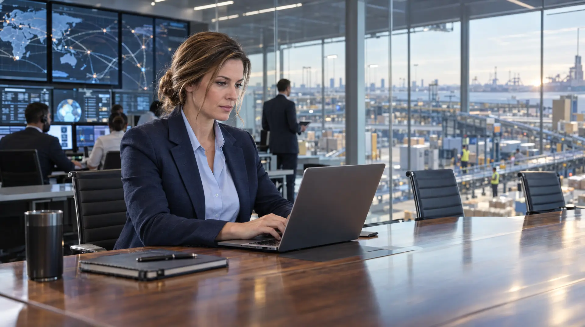 A woman types on a laptop at a conference table in a glass-walled operations center, with colleagues and global network screens behind her.