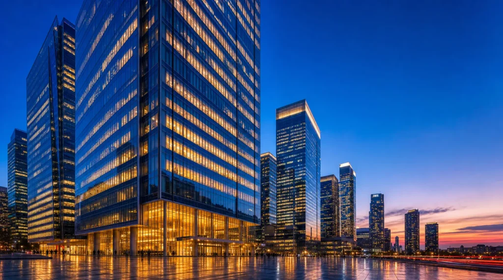 Twilight skyline of glass office towers, signaling global expansion and corporate compliance readiness.