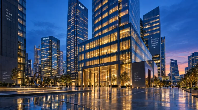 Evening view of Europa Tower and neighboring office skyscrapers with illuminated facade text reading "IDEAS PEOPLE MARKETS PROGRESS," reflecting across the plaza as a nod to corporate governance.
